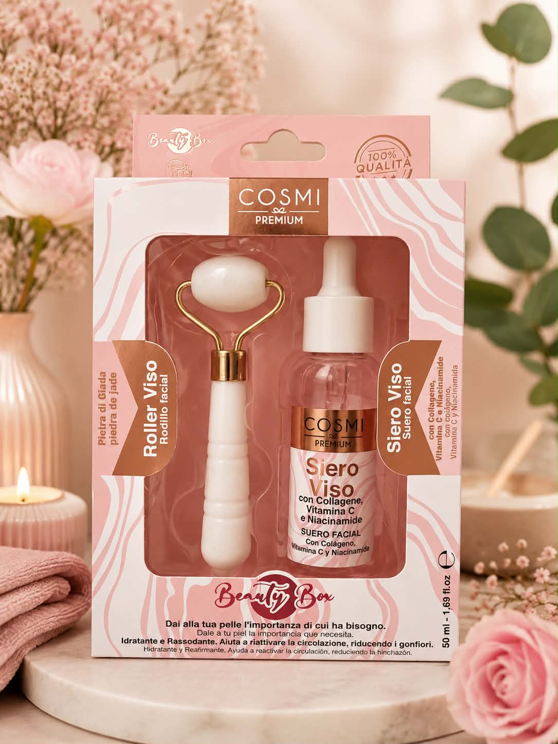 Coffret Beauté Éclat & Fermeté – Kit Sérum Éclat (50 ml) & Roller Visage en Pierre de Jade Cosmis Milano