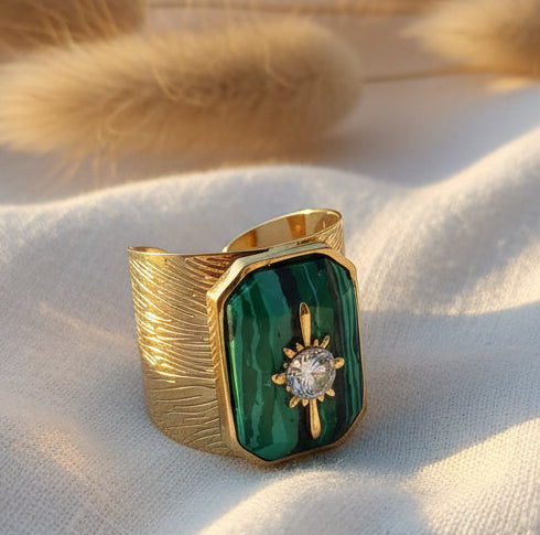 Bague Manchette Ajustable en acier inoxydable doré – Pierre Naturelle de Malachite & Étoile Céleste