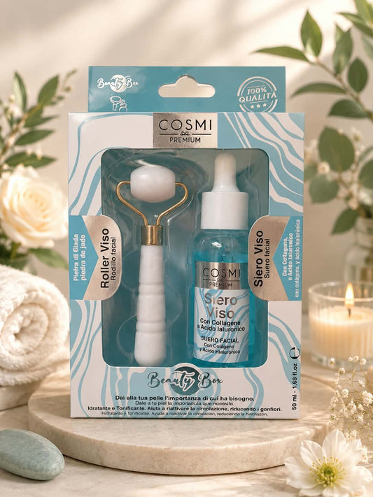 Coffret Beauté Visage – Kit Sérum à l'Acide Hyaluronique & Roller en Pierre de Jade ,Cosmi Milano